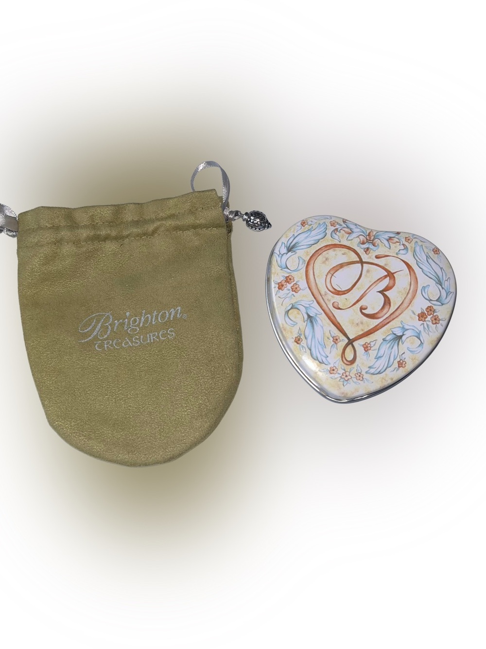 Brighton Treasures Heart Tin & Drawstring Jewelry Dust Bag Set